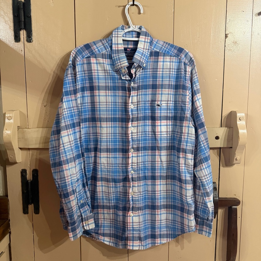Vineyard Vines Men's Blue and Pink Plaid Shirt